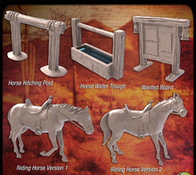 Load image into Gallery viewer, Western Terrain Set 1 | Horse Drawn Carriage | Stagecoach | Wagon | Horse | Wanted Sign | Hay Bale | Western Terrain | RPG Terrain | 32mm