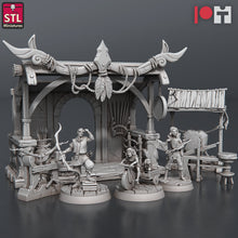 Load image into Gallery viewer, Bow and Arrow Maker Miniature Set | Archery Shop | Weapons Maker | Fletcher | Bow Target | Arrow Maker | Terrain | Dungeons and Dragons |RPG