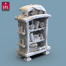 Load image into Gallery viewer, Bookshelf/Library/Desk/Stool - Tabletop Terrain | Scatter Terrain | Miniatures Terrain | Dungeons and Dragons | Pathfinder | RPG Terrain