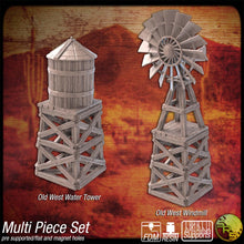 Load image into Gallery viewer, Western Terrain Set 4 | 32mm scale miniatures | Western Scatter Terrain | Water Tower | Windmill