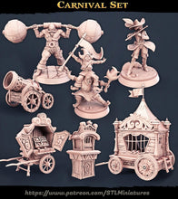 Load image into Gallery viewer, Carnival Miniatures Set | Circus | Strongman | Jester | Performers | Carnival Cart | Circus | Tabletop Terrain | DnD | Miniatures | DnD 5E
