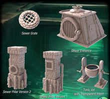 Load image into Gallery viewer, Sewer Terrain Set 1 | Underground RPG Scatter Terrain | Pipes | Debris | Sewer Grate | 5e | 32mm