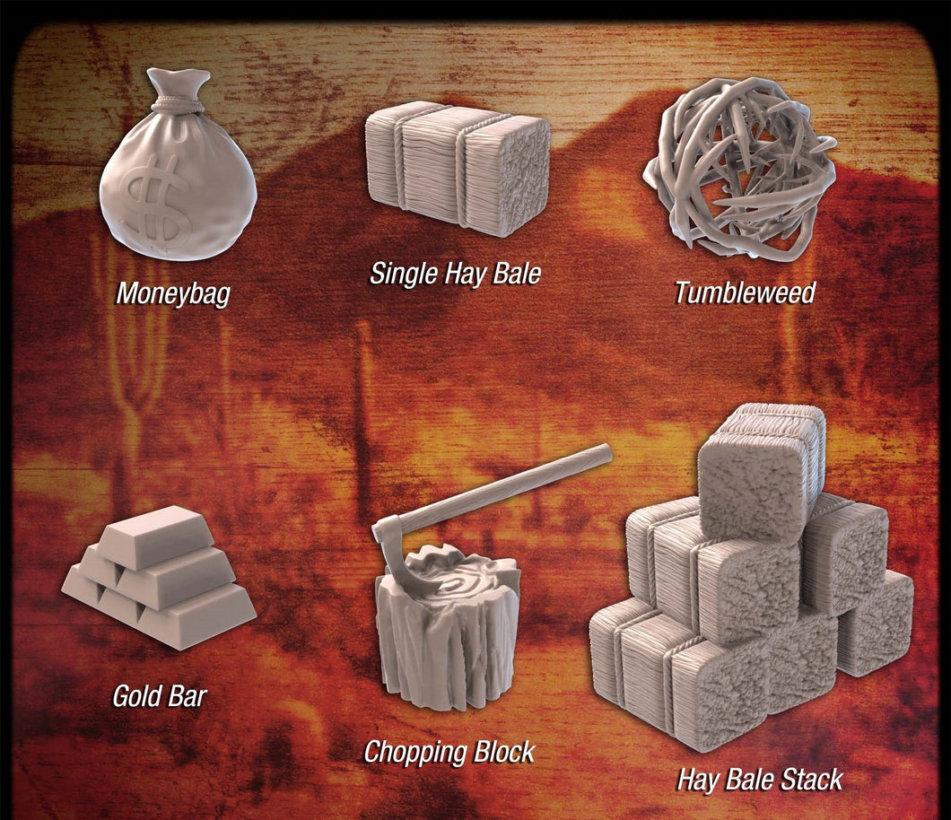 Western Terrain Set 1 | Horse Drawn Carriage | Stagecoach | Wagon | Horse | Wanted Sign | Hay Bale | Western Terrain | RPG Terrain | 32mm