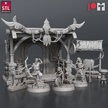 Load image into Gallery viewer, Bow and Arrow Maker Miniature Set | Archery Shop | Weapons Maker | Bow Target | Arrow Maker | Scatter Terrain | Dungeons and Dragons | RPG
