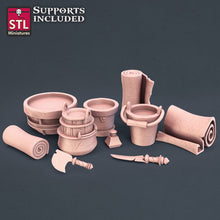 Load image into Gallery viewer, Leatherworker Vendor Set/Leather Worker Shop/Leather - Tabletop Terrain | Scatter Terrain | Dungeons and Dragons | Pathfinder | RPG Terrain
