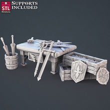 Load image into Gallery viewer, Weaponsmith Terrain Set: 32mm Resin Terrain for DnD/Pathfinder | Forge | Anvil | Weapons Table
