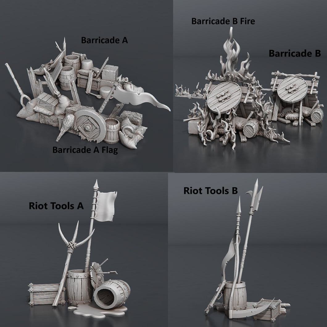 Rioter Miniature Set: Protesters, ABS-Like Resin, Townsfolk, Barricade Terrain, D&D, Pathfinder
