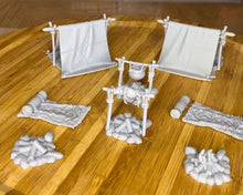 Load image into Gallery viewer, Campsite/Tents/Campfire - Tabletop Terrain | Scatter Terrain | Miniatures Terrain | Dungeons and Dragons | Pathfinder | RPG Terrain
