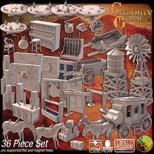 Load image into Gallery viewer, Western Terrain Set 4 | 32mm scale miniatures | Western Scatter Terrain | Water Tower | Windmill
