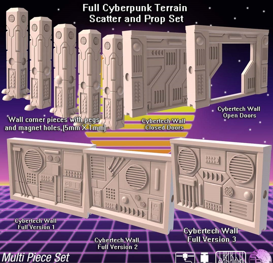 Cyberpunk Terrain Set 4 | Cyberpunk Wall w/ holes for Magnets | Cyberpunk Wall Terrain | Science Fiction Terrain | Space Terrain | 32mm