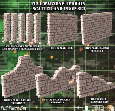 Warzone Terrain Set 2 | Brick Walls w/ holes for Magnets | Brick Wall Scatter Terrain | Battlefield Scatter Terrain | Bolt Action | 32m