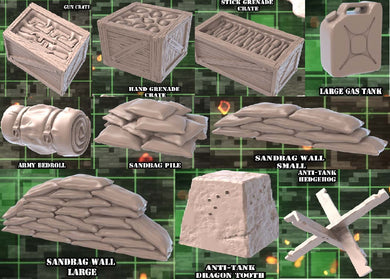 Warzone Terrain Set 3 | Battlefield Scatter Terrain | World War 2 Terrain | Bolt Action Scatter Terrain | Gun Crates | Sandbags | Anti-Tank